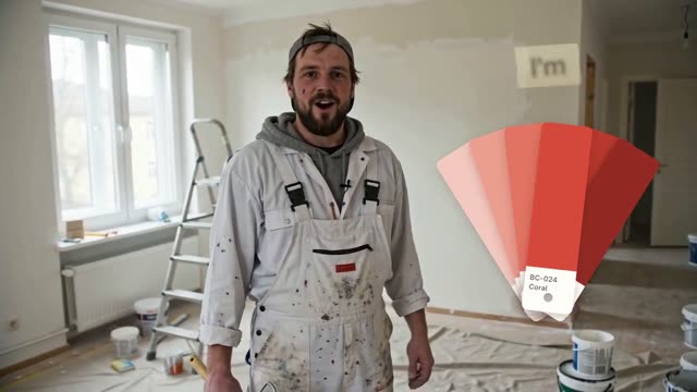 Brightcoat Painting: KI-Talking-Head-Video für einen Malerbetrieb vor Ort, Sprecher mit Untertiteln und Motion-Design-Einblendungen im Format 16:9