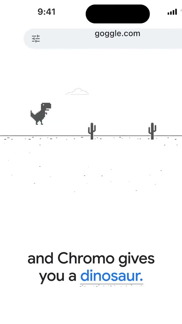 Chromo: AI-generated product film for a web browser whose offline page turns a dead Wi-Fi into a pixel dinosaur game, motion design video in 9:16