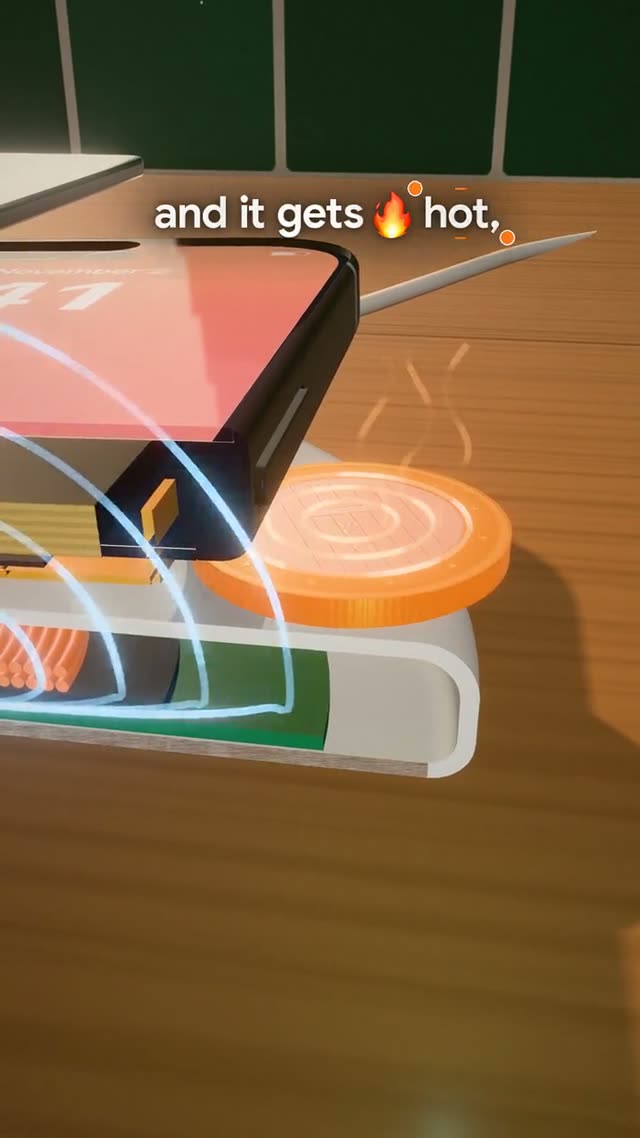 Coin Charger: KI-generierter 3D-Werbefilm für warum eine Münze dein kabelloses Ladepad stoppt, eine durchgehende Kamerafahrt durch 3D-Welten im Format 9:16