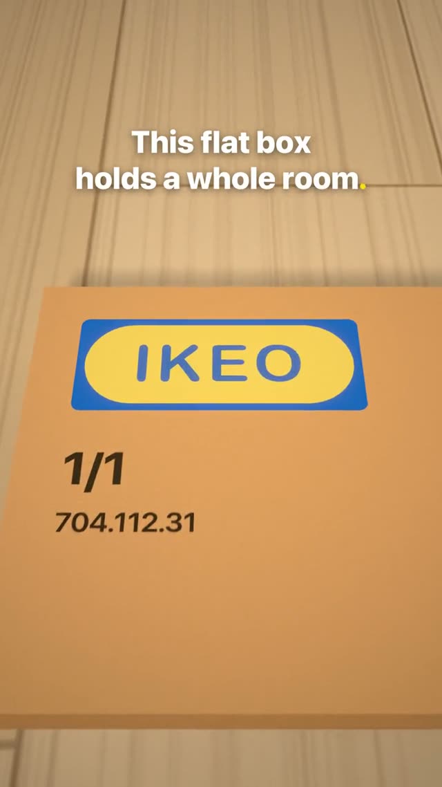 IKEO: KI-generierter 3D-Werbefilm für ein Möbelhaus mit flachen Paketen, eine durchgehende Kamerafahrt durch 3D-Welten im Format 9:16