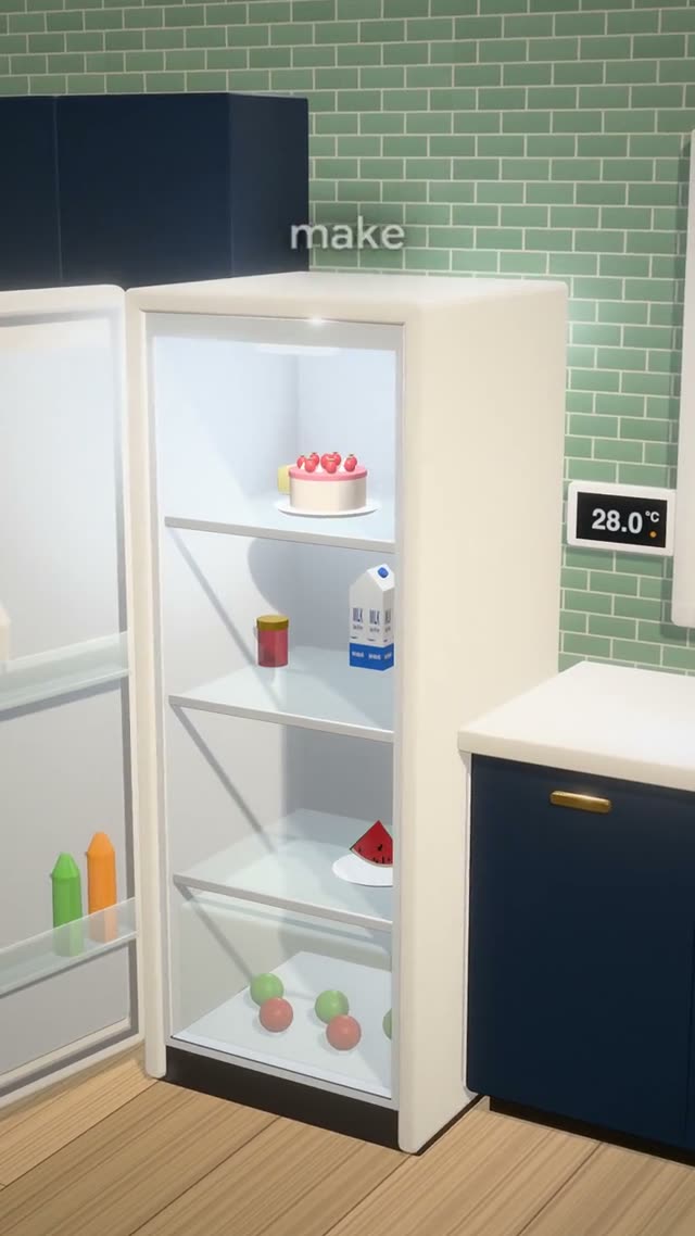 Fridge: AI-generated 3D ad for how a fridge keeps your food cold, one continuous camera flight through 3D worlds in 9:16