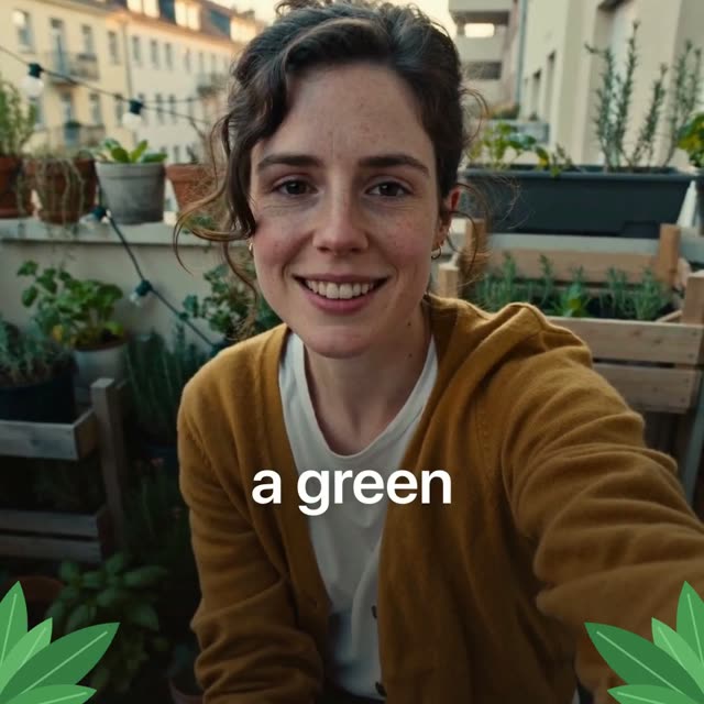 Leafnook: KI-Talking-Head-Video für Balkongarten-Planung, Sprecher mit Untertiteln und Motion-Design-Einblendungen im Format 1:1