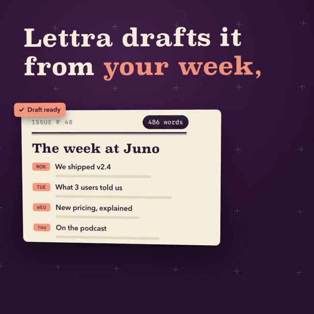 Lettra: KI-generierter Produktfilm für einen Newsletter, der sich aus deiner Woche selbst schreibt, Motion-Design-Video im Format 1:1