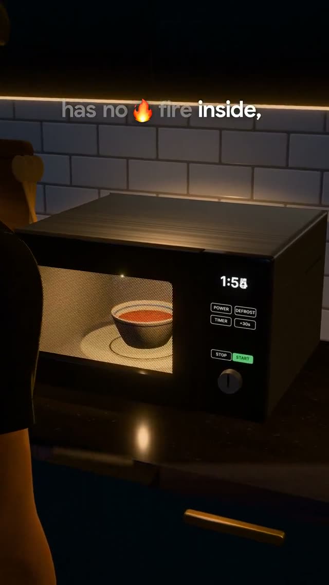 Microwave: KI-generierter 3D-Werbefilm für eine Mikrowelle, eine durchgehende Kamerafahrt durch 3D-Welten im Format 9:16