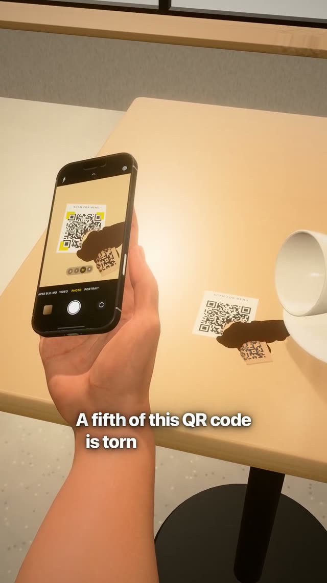 QR code: KI-generierter 3D-Werbefilm für wie ein Handy einen zerrissenen QR-Code liest, eine durchgehende Kamerafahrt durch 3D-Welten im Format 9:16