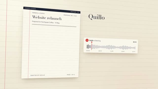 Quillo: KI-generierter Produktfilm für eine KI, die aus Sales-Calls Angebote schreibt, Motion-Design-Video im Format 16:9