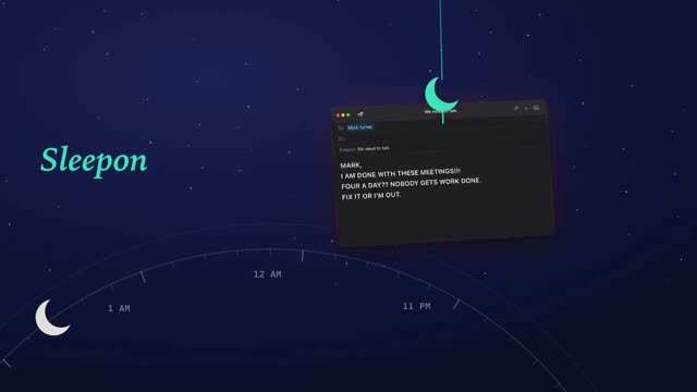 Sleepon: AI-generated product film for an app that sleeps on your angry midnight email, motion design video in 16:9