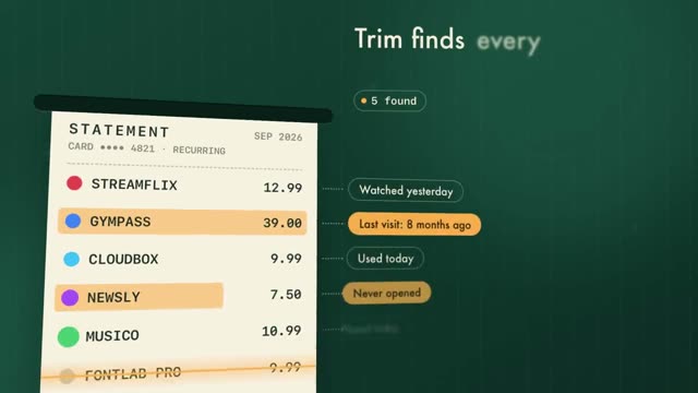 Trim: KI-generierter Produktfilm für eine App, die vergessene Abos findet und kündigt, Motion-Design-Video im Format 16:9